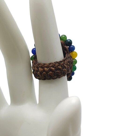 Multicolor Glass Beaded Blue Faux Turquoise Oval Ring Size 7 Handmade Vintage - Picture 3 of 4